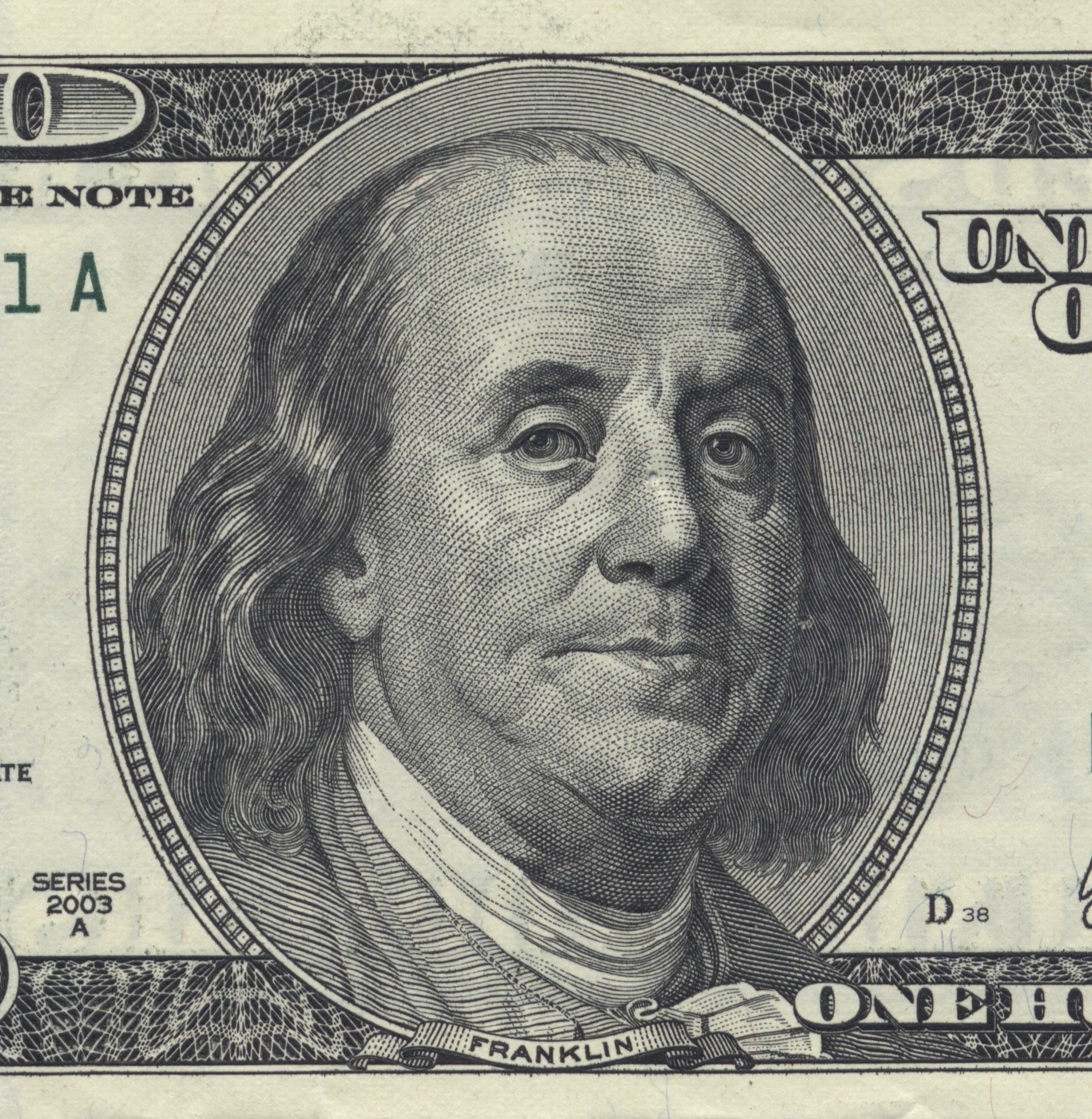 Engraved portrait of Franklin on the United States $100 Federal Reserve Note