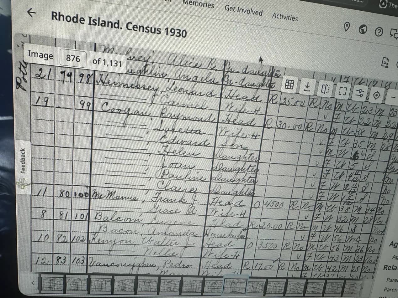 1930 Rhode Island Census showing the Raymond Coogan household