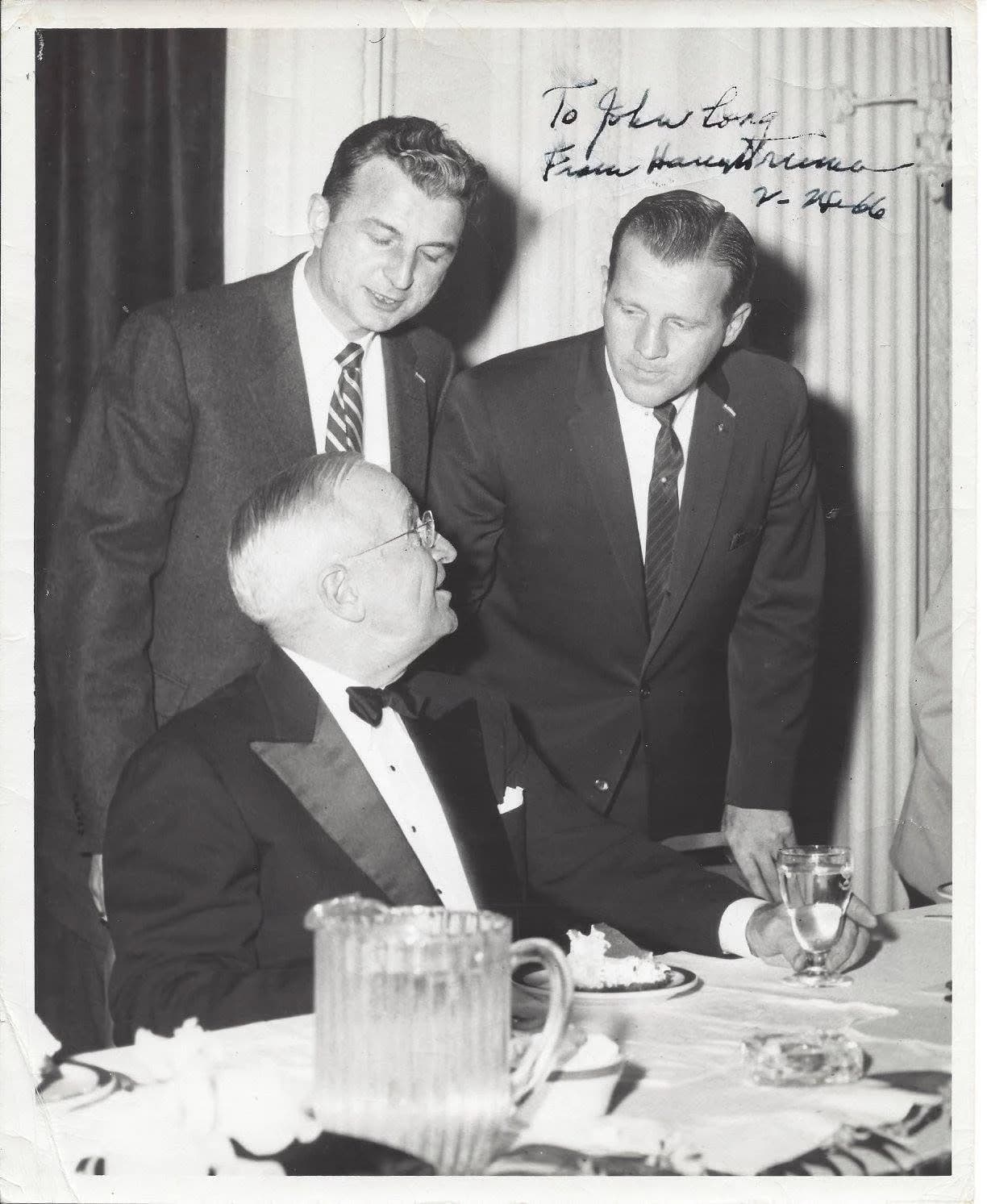 Bill Long and Rep. John J. Long with President Harry Truman, February 24, 1966 — signed 'To John Long, From Harry Truman, 2-24-66'