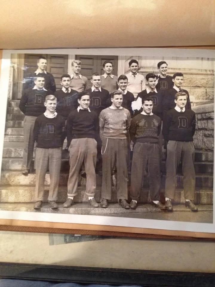 Johnny Long with Durfee High lettermen, varsity D sweaters