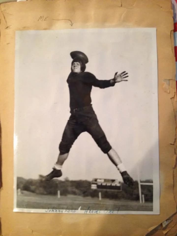 Johnny Long — Hands One! — action football photo, leather helmet era
