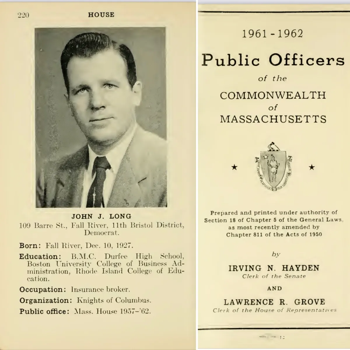 Representative John J. Long — Public Officers of the Commonwealth of Massachusetts, 1961–1962