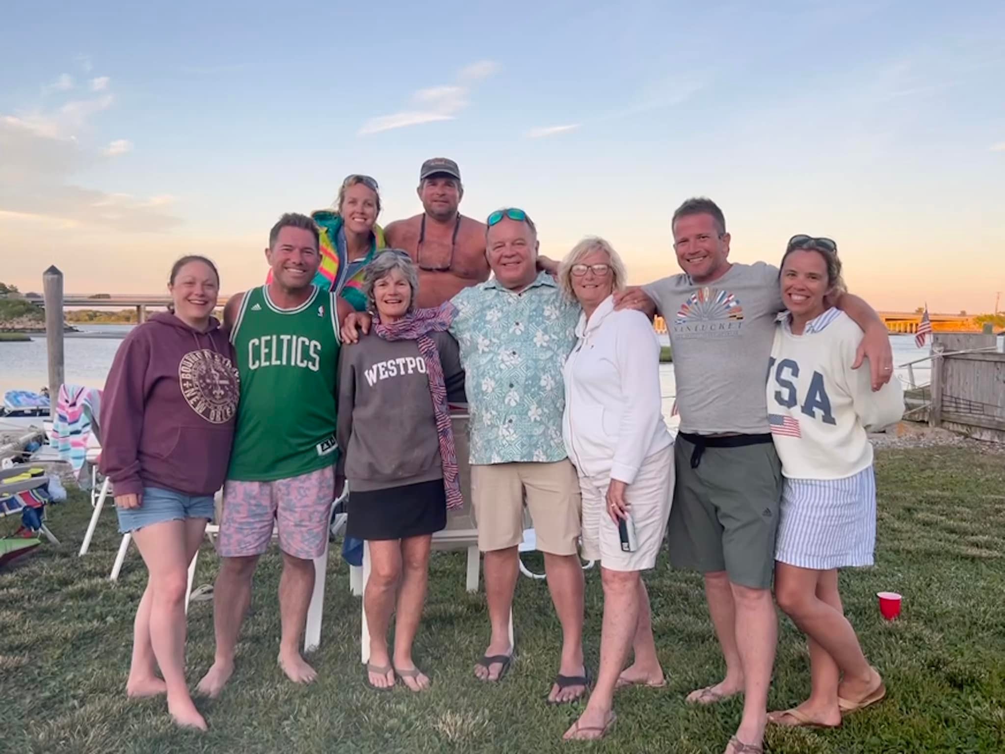 The family at Westport Point, July. Kelley and John, Carmel and Perry, Carol (mother), Steve and Paula, with Patrick and Laura. Westport River behind.